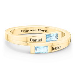 Double Baguette Bypass Ring in 9K Solid Yellow Gold with Blue Topaz
