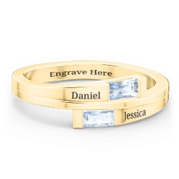 Double Baguette Bypass Ring in 9K Solid Yellow Gold with Aquamarine