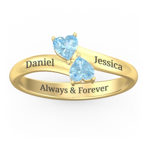 Inverted Twin Heart Ring – 18K Gold Plated Silver with Blue Topaz