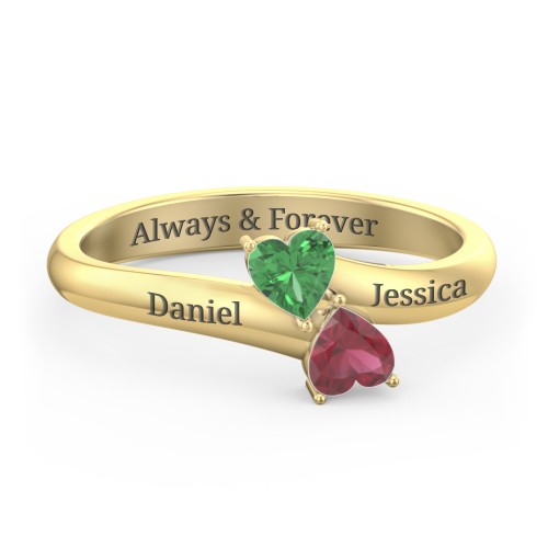 Inverted Twin Heart Ring – 9kt Yellow Gold with Emerald and Ruby