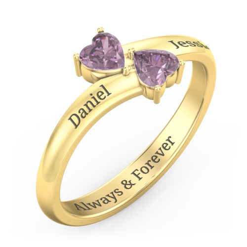 Inverted Twin Heart Ring – 18K Gold Plated Silver with Alexandrite