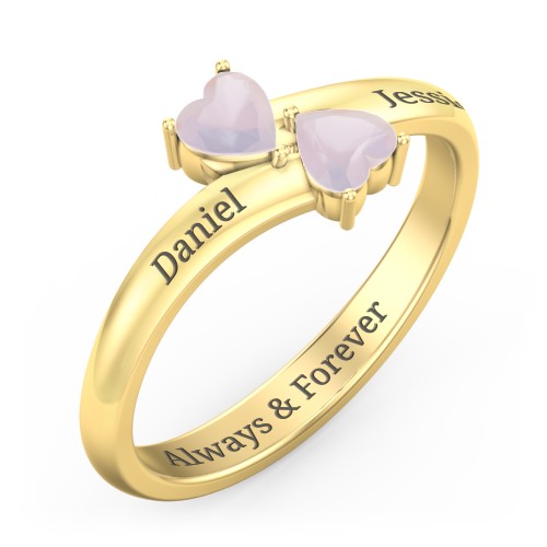 Inverted Twin Heart Ring – 18K Gold Plated Silver with Opal