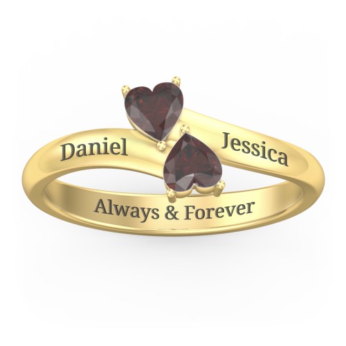 Inverted Twin Heart Ring – 18K Gold Plated Silver with Garnet