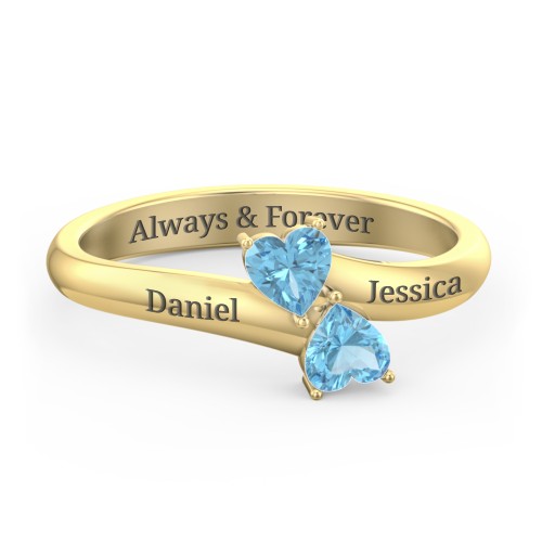 Inverted Twin Heart Ring – 18K Gold Plated Silver with Blue Topaz