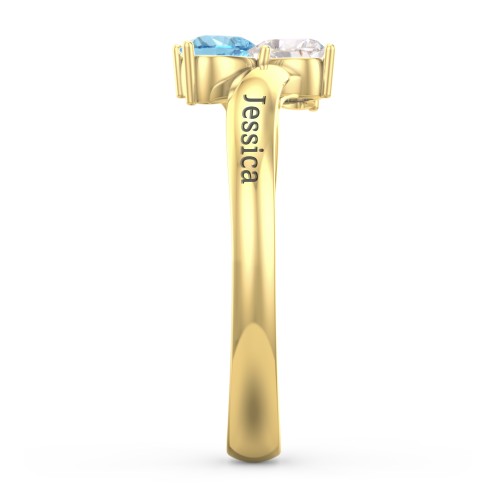 Inverted Twin Heart Ring – 9kt Yellow Gold with Cubic Zirconia and Blue Topaz