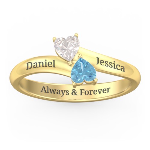 Inverted Twin Heart Ring – 9kt Yellow Gold with Cubic Zirconia and Blue Topaz