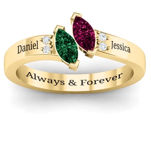 Twin Marquises and Accent Ring – 9kt Yellow Gold with Emerald, Ruby, and Cubic Zirconia