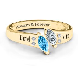 Twin Marquises and Accent Ring in 9K Solid Yellow Gold with Blue Topaz and Cubic Zirconia