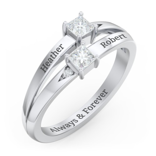 Two Stone Split Band Ring with Accents – Sterling Silver with Diamond and Cubic Zirconia
