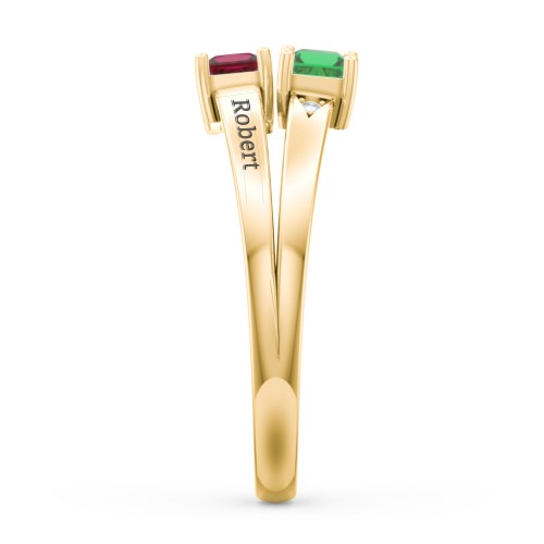 Two Stone Split Band Ring with Accents – 9kt Yellow Gold with Emerald, Ruby, and Cubic Zirconia
