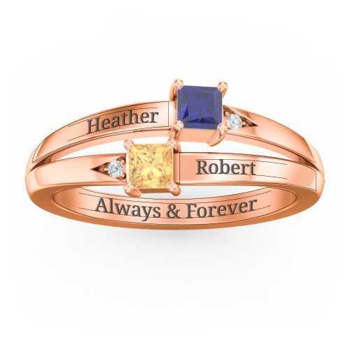 Two Stone Split Band Ring with Accents – 9kt Rose Gold with Blue Sapphire, Citrine, and Cubic Zirconia