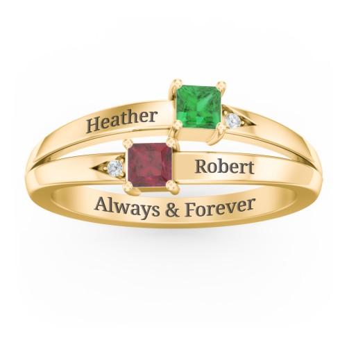 Two Stone Split Band Ring with Accents – 9kt Yellow Gold with Emerald, Ruby, and Cubic Zirconia