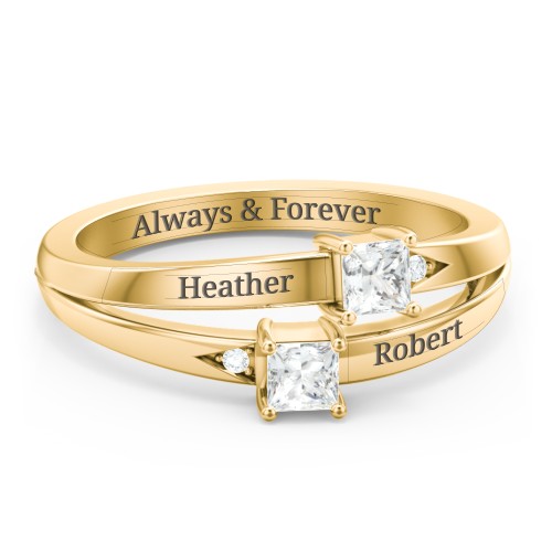 Two Stone Split Band Ring with Accents – 9kt Yellow Gold with Cubic Zirconia