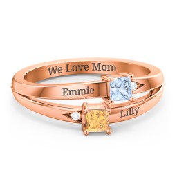 Two Stone Split Band Ring with Accents in 9K Solid Rose Gold with Aquamarine and Citrine
