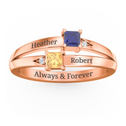 Two Stone Split Band Ring with Accents – 9kt Rose Gold with Blue Sapphire, Citrine, and Cubic Zirconia