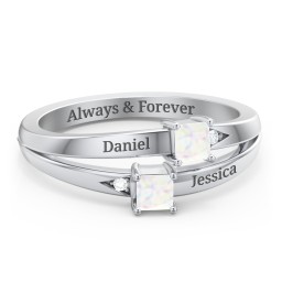 Two Stone Split Band Ring with Accents in 925 Sterling Silver with Diamond and Opal