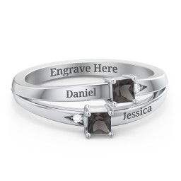 Two Stone Split Band Ring with Accents in 925 Sterling Silver with Diamond and Smokey Quartz