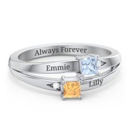 Two Stone Split Band Ring with Accents in 925 Sterling Silver with Aquamarine and Citrine