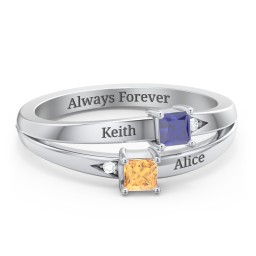 Two Stone Split Band Ring with Accents in 925 Sterling Silver with Blue Sapphire and Citrine
