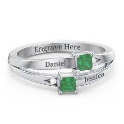Two Stone Split Band Ring with Accents in 925 Sterling Silver with Emerald