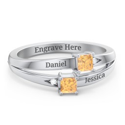 Two Stone Split Band Ring with Accents in 925 Sterling Silver with Citrine