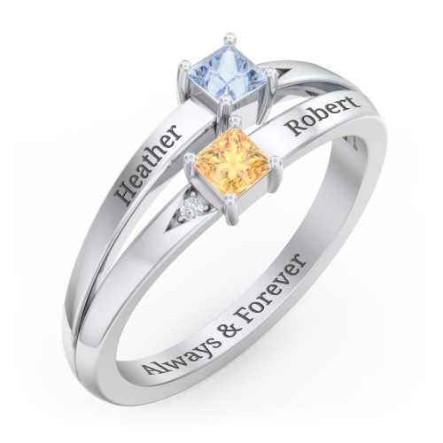 Two Stone Split Band Ring with Accents – Sterling Silver with Aquamarine, Citrine, and Cubic Zirconia