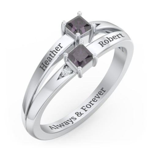 Two Stone Split Band Ring with Accents – Sterling Silver with Alexandrite and Cubic Zirconia