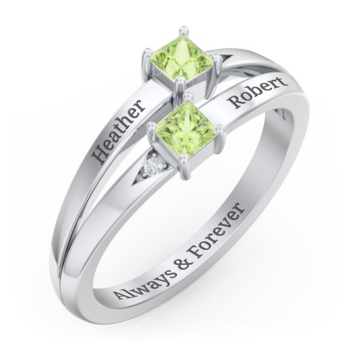 Two Stone Split Band Ring with Accents – Sterling Silver with Peridot and Cubic Zirconia