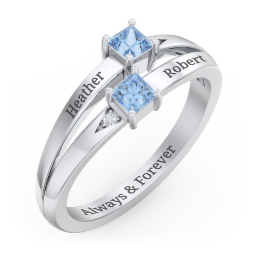 Two Stone Split Band Ring with Accents – Sterling Silver with Blue Topaz and Cubic Zirconia