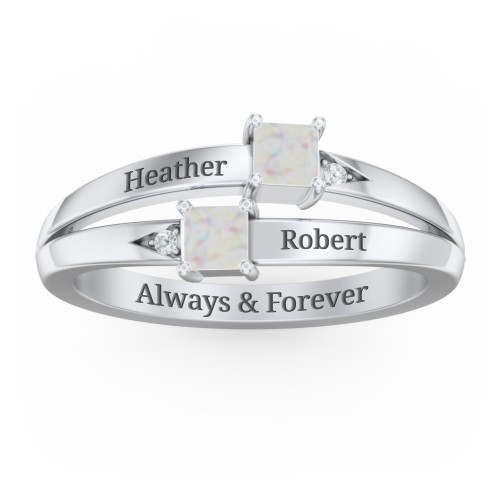 Two Stone Split Band Ring with Accents – Sterling Silver with Opal and Cubic Zirconia