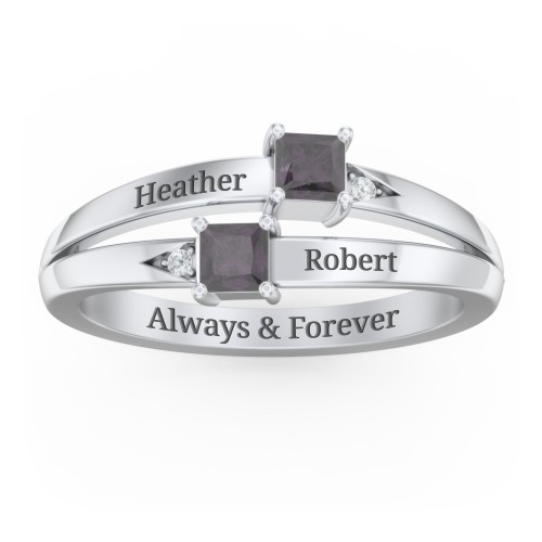 Two Stone Split Band Ring with Accents – Sterling Silver with Alexandrite and Cubic Zirconia