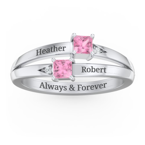Two Stone Split Band Ring with Accents – Sterling Silver with Pink Tourmaline and Cubic Zirconia