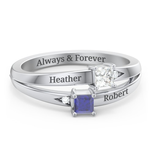 Two Stone Split Band Ring with Accents – Sterling Silver with Cubic Zirconia and Blue Sapphire