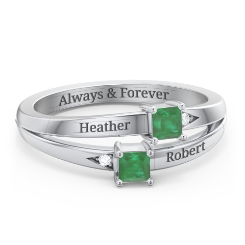 Two Stone Split Band Ring with Accents – Sterling Silver with Emerald and Cubic Zirconia
