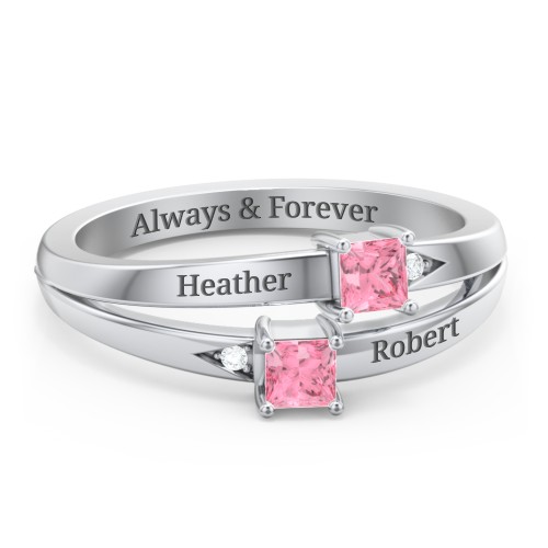 Two Stone Split Band Ring with Accents – Sterling Silver with Pink Tourmaline and Cubic Zirconia