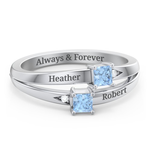 Two Stone Split Band Ring with Accents – Sterling Silver with Blue Topaz and Cubic Zirconia