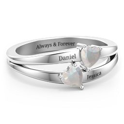 Twin Hearts Ring in 925 Sterling Silver with Opal