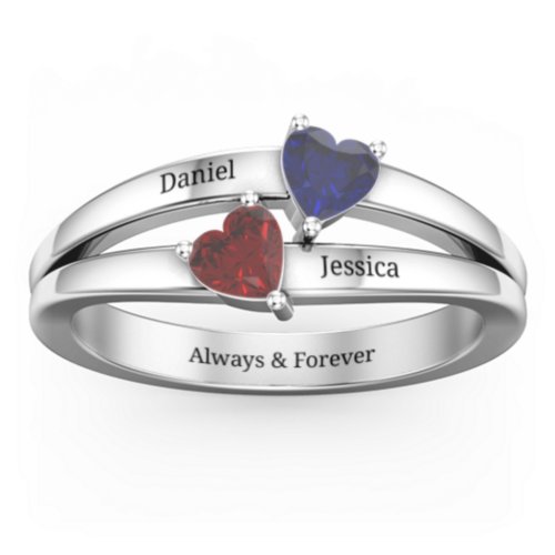 Twin Hearts Ring – Sterling Silver with Blue Sapphire and Garnet