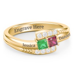 Engravable Bypass Ring with Princess Cut Gemstones and Accents in 9K Solid Yellow Gold with Emerald, Ruby, and White Premium Zirconia