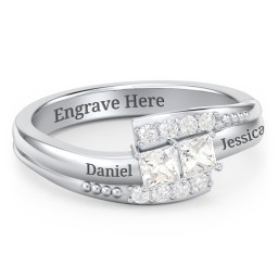 Engravable Bypass Ring with Princess Cut Gemstones and Accents in 925 Sterling Silver with Cubic Zirconia and White Premium Zirconia