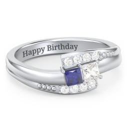 Engravable Bypass Ring with Princess Cut Gemstones and Accents in 925 Sterling Silver with Blue Sapphire and Cubic Zirconia