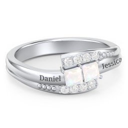 Engravable Bypass Ring with Princess Cut Gemstones and Accents in 925 Sterling Silver with Opal and White Premium Zirconia