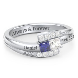 Engravable Bypass Ring with Princess Cut Gemstones and Accents in 925 Sterling Silver with Blue Sapphire and Cubic Zirconia