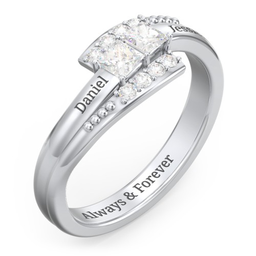 Engravable Bypass Ring with Princess Cut Gemstones and Accents – Sterling Silver with Diamond