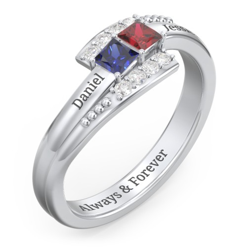 Engravable Bypass Ring with Princess Cut Gemstones and Accents – Sterling Silver with Blue Sapphire, Garnet, and White Premium Zirconia
