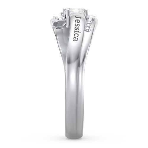 Engravable Bypass Ring with Princess Cut Gemstones and Accents – Sterling Silver with Diamond