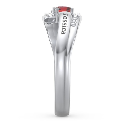 Engravable Bypass Ring with Princess Cut Gemstones and Accents – Sterling Silver with Blue Sapphire, Garnet, and White Premium Zirconia