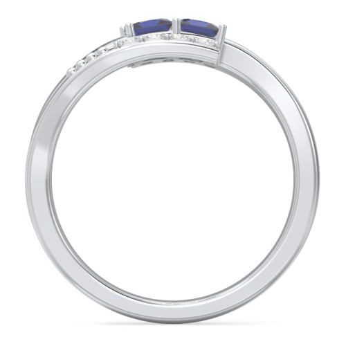 Engravable Bypass Ring with Princess Cut Gemstones and Accents – Sterling Silver with Blue Sapphire and White Premium Zirconia