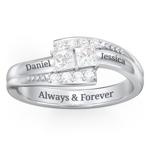 Engravable Bypass Ring with Princess Cut Gemstones and Accents – Sterling Silver with Diamond