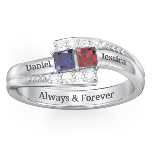 Engravable Bypass Ring with Princess Cut Gemstones and Accents – Sterling Silver with Blue Sapphire, Garnet, and White Premium Zirconia